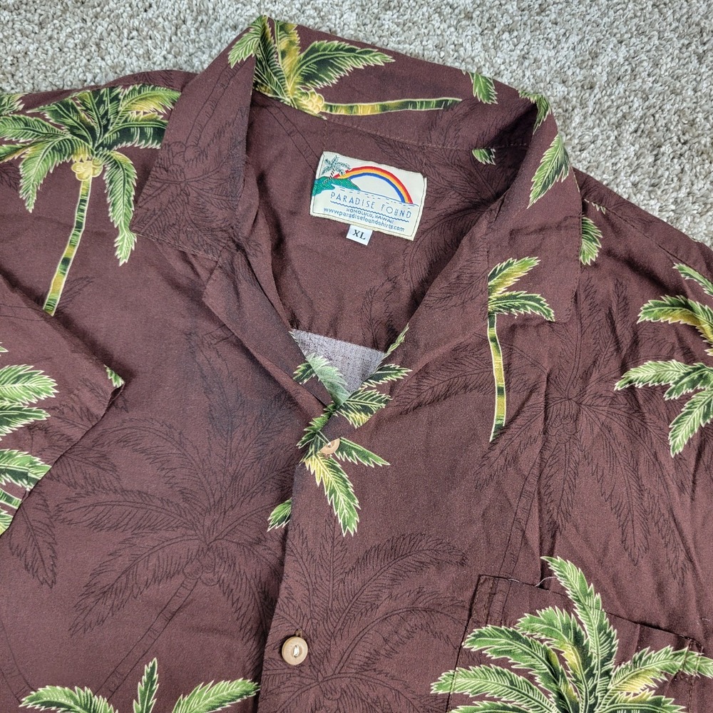 Paradise Found Mens‎ XL Brown AOP Floral Palm Tree Hawaiian Short Sleeve